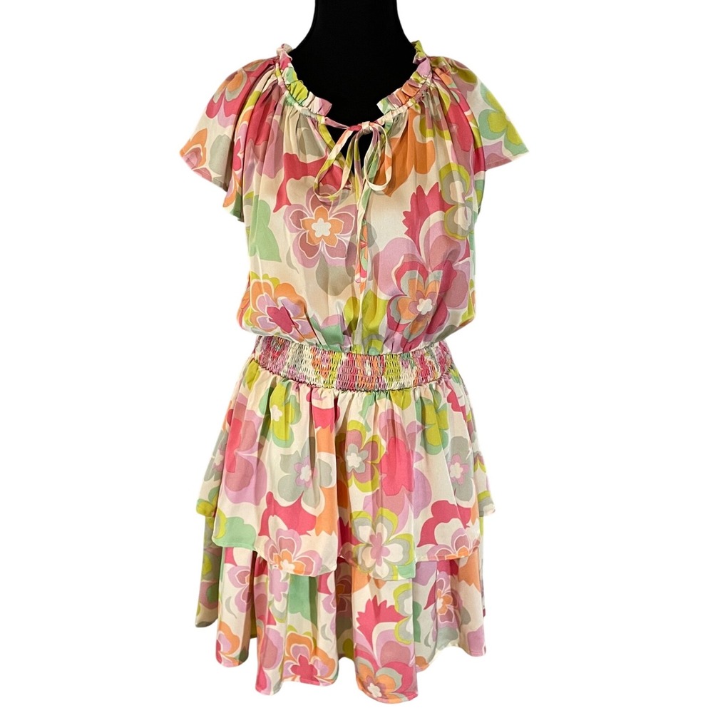 Doe‎ and Rae Floral Smocked Tiered Ruffle Mini Dress Pink Orange Green M Retro